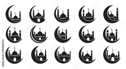 A repeating pattern of black islamic mosque silhouettes set against crescent moons forming a decorative design silhouette