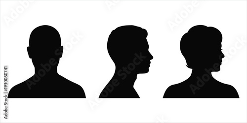 Three human head and shoulder silhouettes including a bald person and a male and female profile on white background Keywords