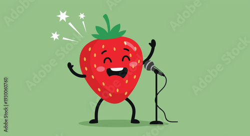 Happy strawberry character singing into a microphone with sparkling stars on a green background for music themes.