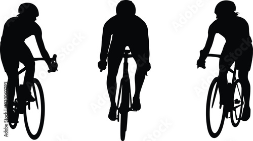 Three Cyclists Silhouettes Front Side and Back Views on White Background cycling bicycle
