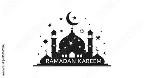 A striking ramadan kareem graphic featuring a mosque crescent moon and stars in black silhouette high quality professional