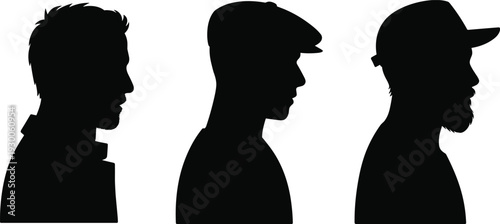Three Male Head Silhouettes Showing Different Hairstyles and Headwear profile