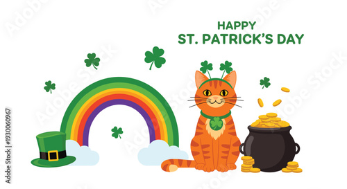 Cheerful ginger cat with a rainbow and a pot of gold celebrating Saint Patricks Day in a festive illustration.