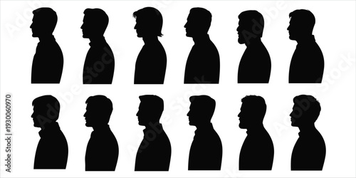 Twelve male head profile silhouettes with varied hairstyles and facial features on white background Keywords: silhouette, male