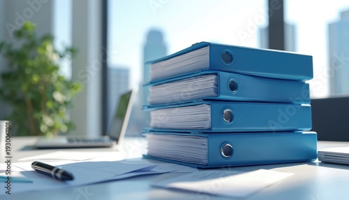 Wallpaper Mural Stack of blue binders with papers on office desk. Laptop plant and city view in background. Workplace organization and business administration. Torontodigital.ca