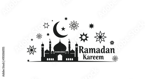 A decorative ramadan kareem greeting featuring a crescent moon mosque and stars in black silhouette high quality professional