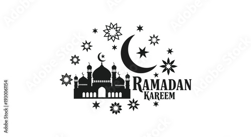 A black graphic depicts a crescent moon mosque and stars with the text ramadan kareem silhouette