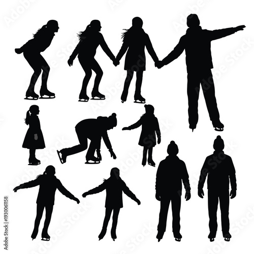set of ice skating people silhouette vector, figure skaters collection, action poses illustration