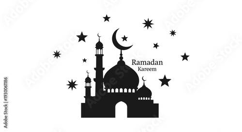 A striking black silhouette of a mosque crescent moon and stars celebrates the holy month of ramadan silhouette