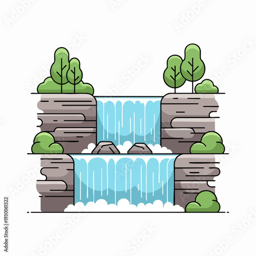 Minimalist cascading waterfall vector illustration with trees and rocks; peaceful nature scene in flat design style; serene river landscape
