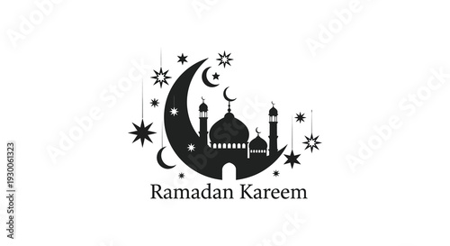 A crescent moon and mosque silhouette are depicted with stars wishing Ramadan Kareem silhouette high quality professional detailed