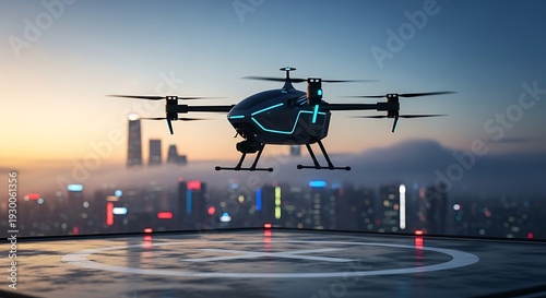 Futuristic eVTOL drone hovering above rooftop helipad in modern cityscape representing advanced urban air mobility technology