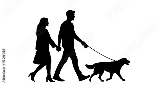 Couple Walking Dog Together Silhouette.
