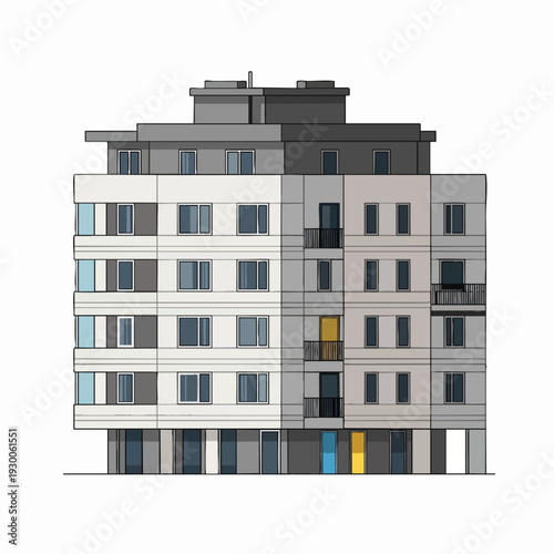 Modern apartment building facade with balconies and a gray rooftop front view architectural illustration for urban design and property development
