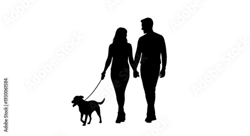 Couple Walking Dog Together Silhouette.