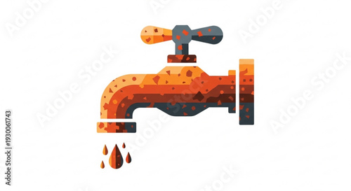 Rusty faucet with dripping water droplets on a white background symbolizing water leak and scarcity