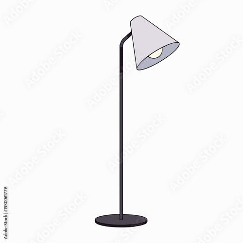 Modern gray floor lamp illustration with conical lampshade illuminating a soft glow; vector art for contemporary interior design and decorative lighting concepts