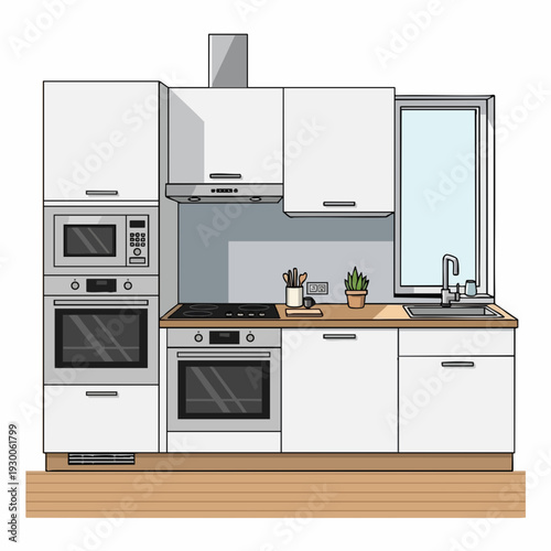 Modern kitchen illustration with white cabinets built-in appliances and a wooden countertop for interior design projects