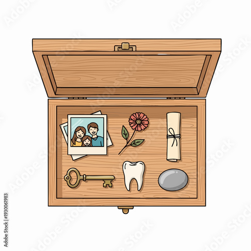 Memory box filled with family photo flower scroll key tooth and stone in hand-drawn cartoon style on white background for keepsake concept