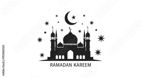 A striking black silhouette of a mosque with a crescent moon and stars conveys a peaceful ramadan kareem message silhouette