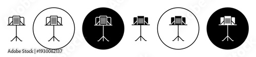 Music stand for scores icon set. Music stand for scores vector symbol in black filled and outlined style.