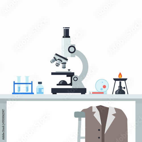 Microscope and science equipment on a lab desk illustration in flat design style; biology scientific research and analysis concept for education