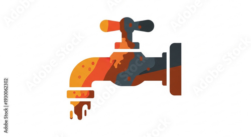 Rusty faucet with dripping water symbolizing pollution and contamination in a dirty corroded environment