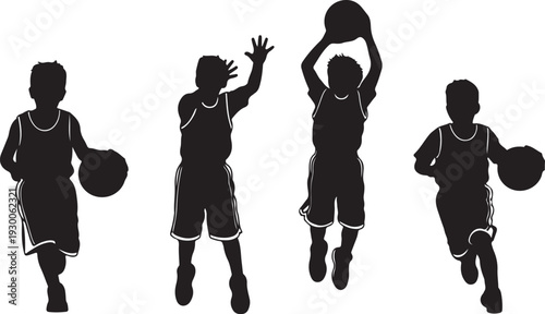 a silhouette illustration depicts four children in various stages of playing basketball showcasing movement and youthful energy against a plain background high quality professional detailed modern