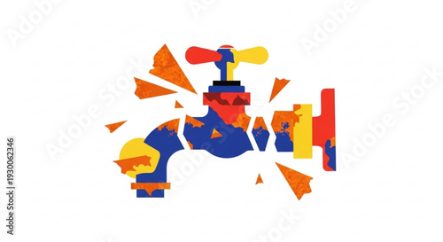 Vibrant faucet with colorful geometric shapes exploding around it on white background