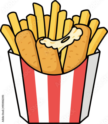 Cartoon Mozzarella Cheese Sticks and French Fries in Red White Tray Vector Illustration