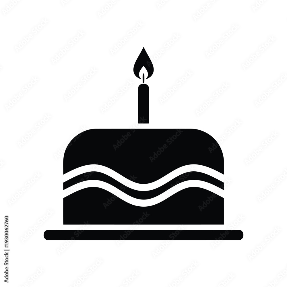 Fototapeta premium Simple black icon of birthday cake with one lit candle vector illustration