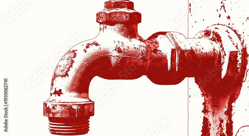 Rusty red faucet with dripping water on white background symbolizing leakage and water waste