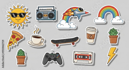 Colorful sticker set of nostalgic icons and symbols for social media and messaging