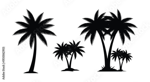 A striking depiction of tropical palm trees in varying sizes presented as a bold silhouette high quality professional