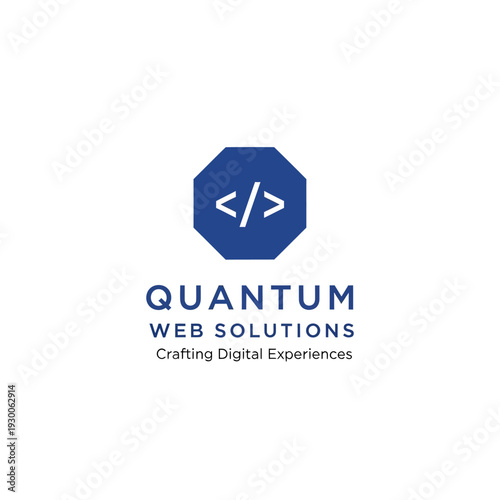 Code Symbol in Blue Octagon Logo.