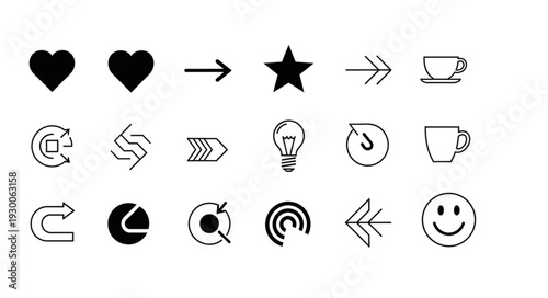 Collection of various black and white icons representing different concepts and ideas.