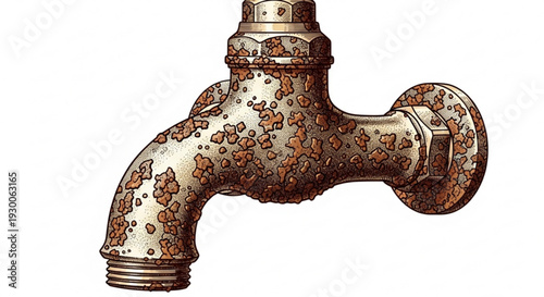Rusty old faucet with corroded metal surface and worn out texture on white background