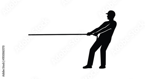 A stark black silhouette depicts a person intensely pulling on a long thin rod silhouette high quality professional