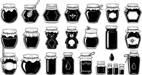 Set of vintage black and white illustrations featuring various honey jars, bottles, bear-shaped containers, and a dipper, perfect for food, nature, and organic themes.