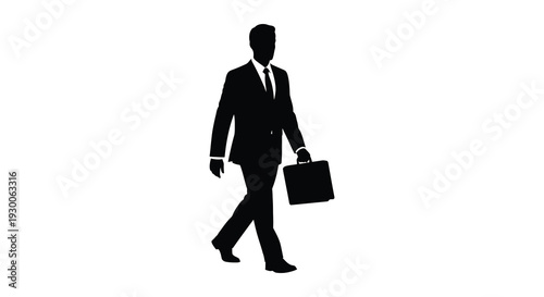 A sharply dressed businessman walks with a briefcase showcasing a classic black outline silhouette high quality professional detailed