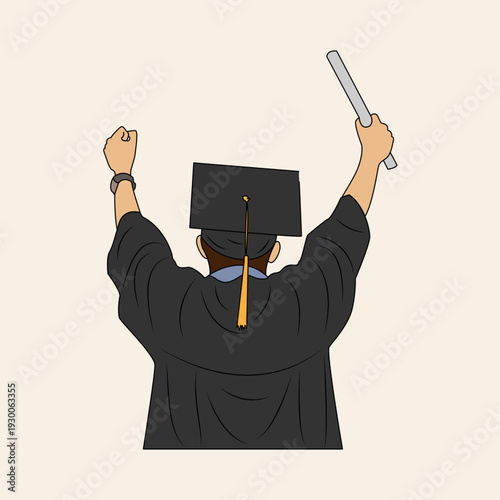 Rear view of a triumphant graduate in cap and gown, raising arms in celebration with a diploma and clenched fist.