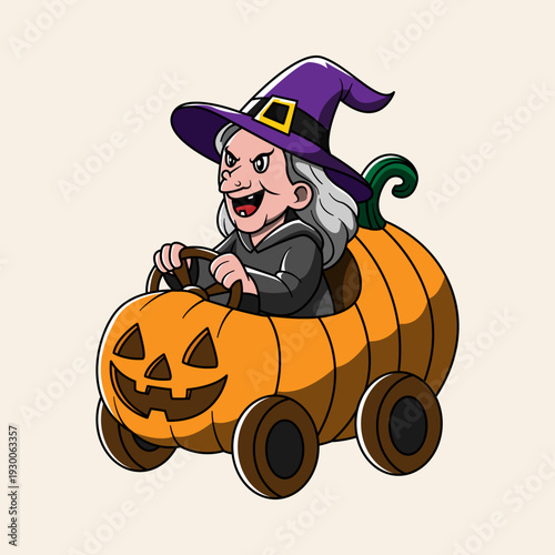 A cartoon witch with a purple hat and grey hair driving a smiling pumpkin car, ready for Halloween.