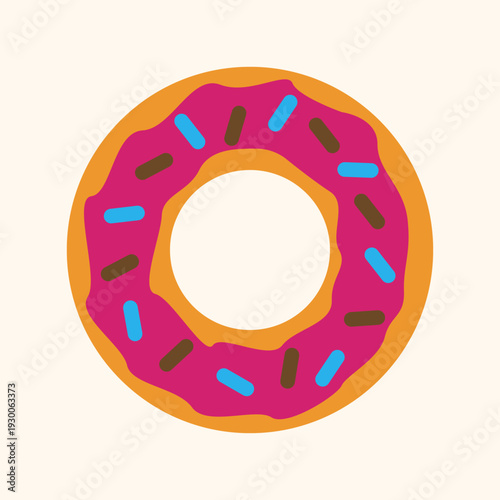 A vibrant cartoon donut with pink frosting and colorful sprinkles on a light background.
