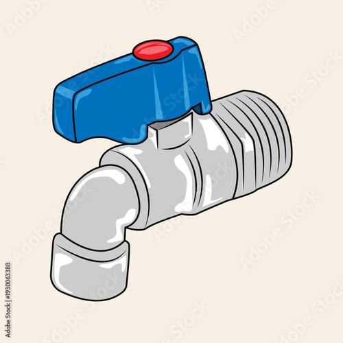 Detailed illustration of a grey metal water tap with a blue handle and red button.