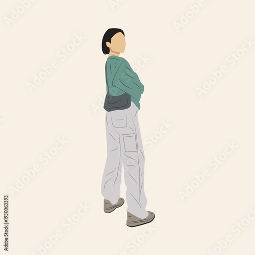 Minimalist illustration of a woman with short hair, wearing a teal top, light grey cargo pants, and a crossbody bag, standing on a beige background.