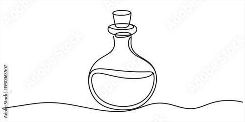 Continuous line drawing of a round glass bottle with a cork stopper and liquid inside. Vector, illustration