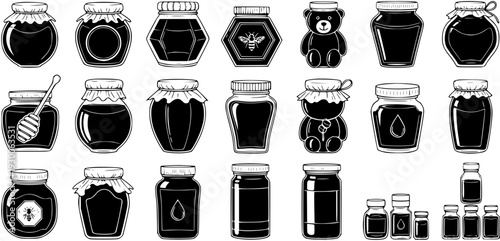Black and white vector illustration set of various honey jars and containers. Includes bear shapes, hexagonal, and traditional glass designs with lids and a honey dipper. Ideal for packaging.
