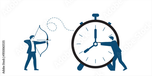Illustration of a businessman aiming a bow and arrow at a large stopwatch for time management. Vector, illustration