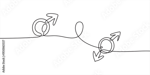 Continuous line drawing of two male gender symbols connected by a single line on white background. Vector, illustration