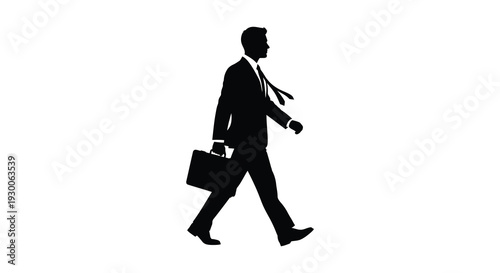 A sharply dressed businessman confidently strides forward carrying a briefcase depicted as a silhouette high quality professional detailed